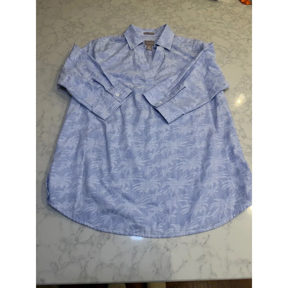 Chicos Blue White Striped Palm Print Cotton Blouse Chicos Sz 0 Small/4